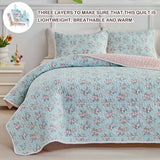 Joyreap Twin Size Floral Quilt Set for Girls, Pink Flowers on Blue Design, 3pcs Microfiber Lightweight Quilt Bedding Set, Bedspread Bed Cover for All Season- 68x88 inches Joyreap