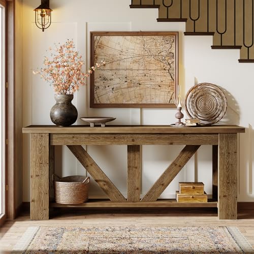 TRIBEWOOD Solid Wood Sofa Table, 70.9 Inches Extra Long Console Table with 2 Tiers Storage Shelves, Rustic Entryway Table Behind Couch Table for Living Room, Hallway, Foyer, Brown TRIBEWOOD