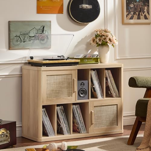 LEYAOYAO Large Record Player Stand with Vinyl Storage Up to 450 Albums, Wood Rattan Boho Record Storage Accent Cabinet, Modern Stereo Media Cabinets, Wide Turntable Stand for Living Room, Natural Oak LEYAOYAO