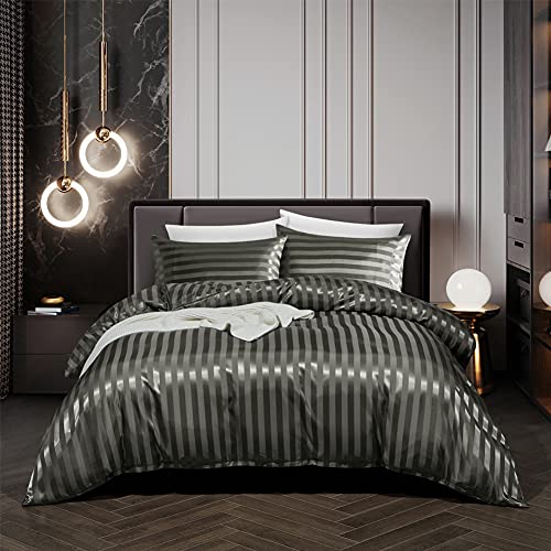 RevenRella 3 Piece Satin Duvet Cover Set Bedding Sets Italian Style 1800 Series Luxury Rich Silk Silky Super Soft Stripes Hidden Zipper Closure Reversible Wrinkle Free Honeymoon(Grey, King) RevenRella