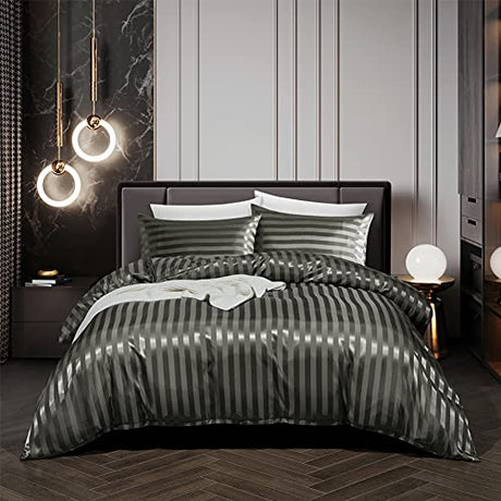 RevenRella 3 Piece Satin Duvet Cover Set Bedding Sets Italian Style 1800 Series Luxury Rich Silk Silky Super Soft Stripes Hidden Zipper Closure Reversible Wrinkle Free Honeymoon(Grey, King) RevenRella