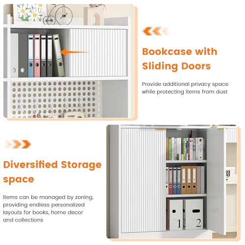 kepptory 63" Tall Computer Desk with Hutch, Fluted Wood Computer Desk, Featuring Charging Station, Drawer and Storage Cabinet, for Home Office Work and Study (White) kepptory