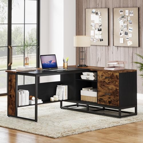 Tribesigns 63" L-Shaped Executive Desk, Large Office Desk with Drawers and Shelves, Rustic Long Business Furniture Desk with File Cabinet Storage Space, Home Office Workstation, Brown & Black - WoodArtSupply