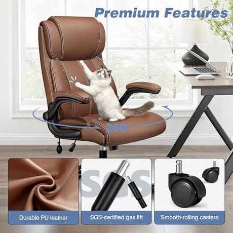 BESTFAIR Ergonomic Office Chair - Home Desk Computer Chair, Leather High Back Executive Chairs with Adjustable Lumbar Support & Flip-up Arms, Rocking Swivel Comfy, Brown BESTFAIR