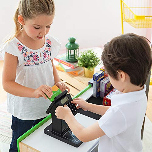 Teamson Kids Cashier Austin Interactive Wooden Play Market Stand with Lights and Sounds, Manual Conveyor Belt, Register and Display Spaces, Green and White Décor on Natural Wood Teamson Kids