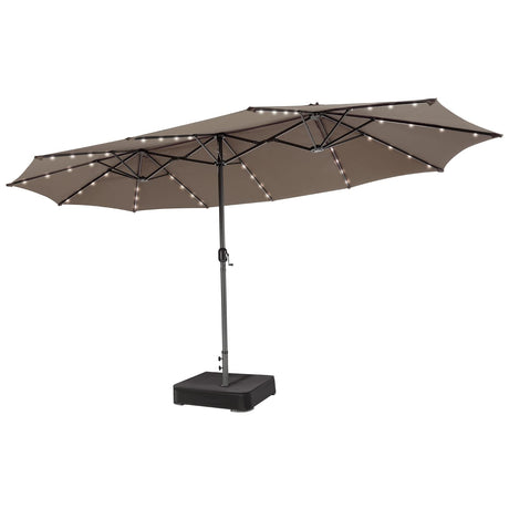Tangkula 15FT Double-Sided Patio Umbrella with Solar Lights, Extra-Large Umbrella W/ 48 LED Lights & Auto-Charging Solar Panel, Outdoor Twin Market Umbrella W/Extra Weighted Base Stand (Brown) Tangkula
