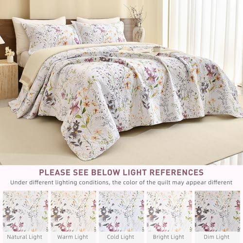 Lady Ann Wild Floral Printed Bed Quilt Sets Queen 100% Cotton Yellow Flower Botanical Pattern Bedding, Vintage Lightweight Coverlet Ultra Soft Bedspread Set with Pillow Shams for All Season, 3 PCS Lady Ann