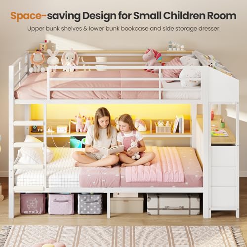 DICTAC Twin Over Twin Bunk Bed with 6 Storage Drawers,Led Lights and Charging Station Metal Bunk Beds with Side Bookcase,3 Storage Boxes &Shelf,L-Shaped bunk Bed with Safety Guardrail and Ladder,White DICTAC