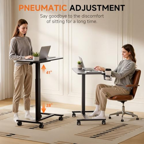 COMHOMA Adjustable Overbed Bedside Table with Lockable Wheels, Pneumatic Mobile Standing Laptop Desk, Small Standing Desk Portable Rolling Overbed Table Hospital Home Use(28" W x 16" D, Black) COMHOMA
