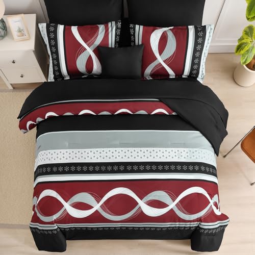 Anibedding Burgundy Comforter Set King Size,8 Pieces Bed in a Bag Patchwork Striped Bedding Sets,Boho Soft Microfiber Bedding Set for All Season(104"×90") Anibedding