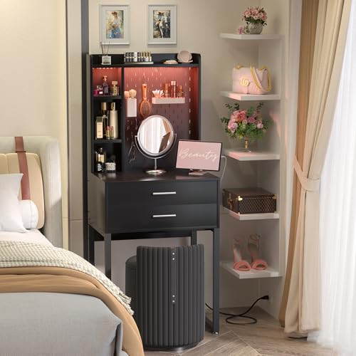 Besiost Small Vanity Desk with Hutch and Drawers, Black Makeup Vanity Desk with Charging Station, Vanity Table Dressing Table with LED Lights, Vanity Desk No Mirror with Pegboard for Girls Women, 24" Besiost