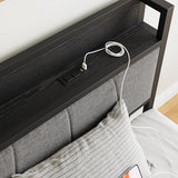BOFENG Twin Bed Frame with Storage Headboard/USB Charging Station,Heavy Duty Metal Upholstered Single Platform Bed Frame Twin Size No Box Spring Needed,Heavy Duty Metal Slats,Noise Free,Black BOFENG