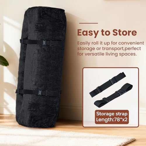 feliz home 10" Futon Mattress Queen Size,Futons Sofa Couch Bed with Straps, Thick Corduroy Floor Mattress for Adults, Roll Up Folding Mattress Shredded Foam Filling, Medium Firm (Black, Queen) feliz home