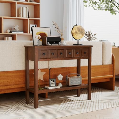 GOFLAME Narrow Console Table with 2 Drawers, 38” Rustic Sofa Table with Bottom Storage Shelf & Embossed Design, 2-Tier Vintage Entry Tables for Living Room, Entryway, Hallway, Walnut GOFLAME