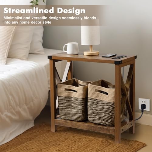 Hadulcet Farmhouse End Table Set of 2, Narrow Side Table with Charging Station, Slim Bedside Table for Small Space, Nightstand Sofa Table with Storage Shelf, Rustic Brown - WoodArtSupply