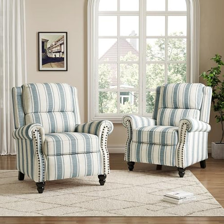 Qatiby Pushback Recliner Chair, Comfy Fabric Wingback Recliner Chair, Upholstered Armchair Push Back Recliner with Wood Legs, Rivet Trim Single Sofa Accent Chair for Living Room, Bedroom, Blue Stripe Qatiby