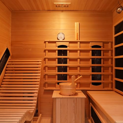 Dual System Sauna Room with Recliner, Luxurious Far Infrared & Steam Indoor Saunas, 2-3 Person Canadian Hemlock Home Hybrid Sauna, 220V/ 6KW Harvia Electric Heater, Bluetooth Speaker, Sauna Stone TaTalife