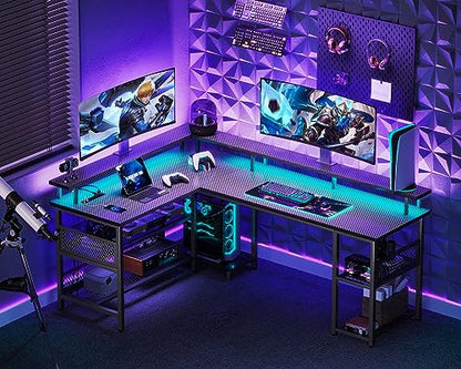 ODK 66" L Shaped Gaming Desk with Power Outlet and LED Lights, PC Gaming Table with USB Ports, Reversible L Shape Desk with Storage Shelves & Monitor