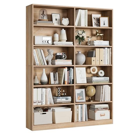 FACBOTALL 6-Tier Light Oak Double Wide Bookshelf - Stylish Freestanding Storage for Home Decor FACBOTALL