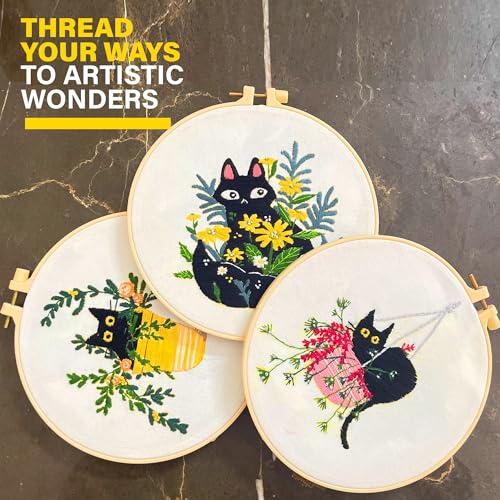 The ZenStore Embroidery Kit for Beginners – Black Cats & Kittens 3 Pattern Set – Complete DIY Needlepoint Kit with Hoops, Thread, Fabric, and Tools – Cute Animal Cat Embroidery Gift