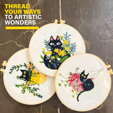 The ZenStore Embroidery Kit for Beginners – Black Cats & Kittens 3 Pattern Set – Complete DIY Needlepoint Kit with Hoops, Thread, Fabric, and Tools – Cute Animal Cat Embroidery Gift