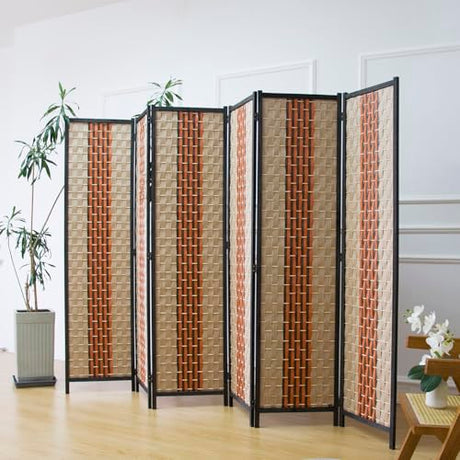Furnnylane 6 Panel Room Divider Screen in Beige and Orange,Blackout Room Divider Folding Panel Screen for Room Separation and Home Decoration,70.8" H x 106.3" W Furnnylane