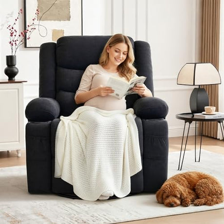 GAOHAPPY Swivel Rocker Recliner Chair, Manual Recliner Single Sofa with Cup Holders and Side Pocket, Chenille Fabric, Upholstered Nursery Rocking Chair for Living Room, Bedroom, Black GAOHAPY