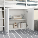 VilroCaz Twin Size Low Loft Bed with Pulling-Out Desk and Storage Cabinets, Multiple Functions Wooden Loft Bed Frame with Storage Shelves and Drawers for Kids Teens Boys Girls (White-1.16) VilroCaz
