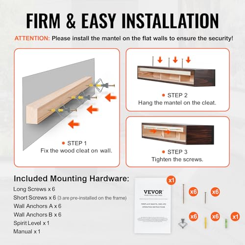 VEVOR Fireplace Mantel, 60" x 8" x 6", 50 lbs Weight Capacity, Natural Wood Mantel for Over Fireplace, Wall Mounted Floating Farmhouse Shelf, Handcrafted Fireplace Mantel for Wall Decor, Rustic Brown VEVOR