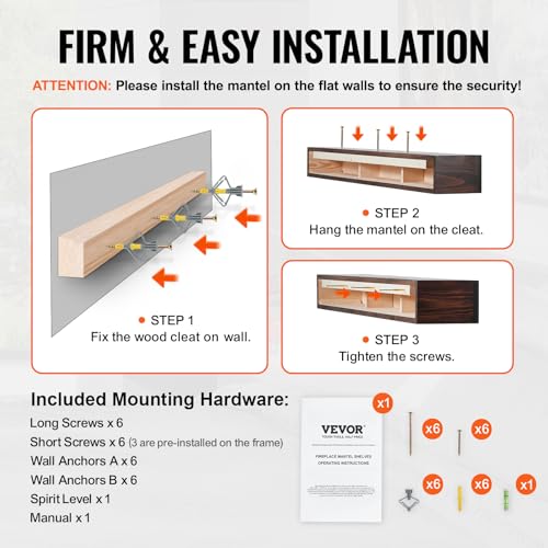 VEVOR Fireplace Mantel, 60" x 8" x 6", 50 lbs Weight Capacity, Natural Wood Mantel for Over Fireplace, Wall Mounted Floating Farmhouse Shelf, Handcrafted Fireplace Mantel for Wall Decor, Rustic Brown