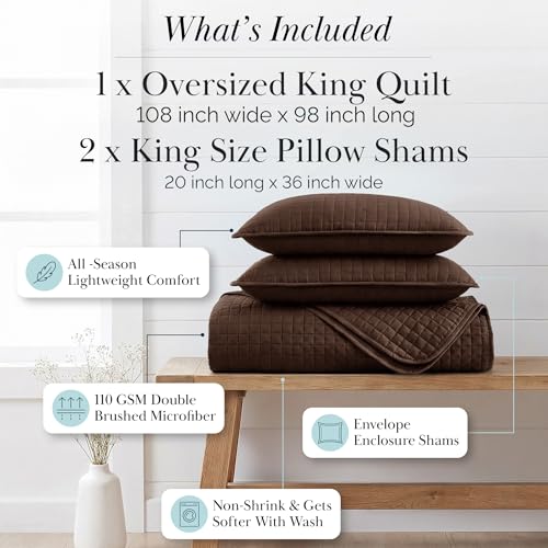 Southshore Fine Living, Inc. Oversized King Quilt Bedding Set, Soft Brushed Microfiber Bedspread, Pet Hair Resistant Bedding, California/King Quilt Coverlet Set with 2 Shams, Chocolate Brown Southshore Fine Living, Inc.