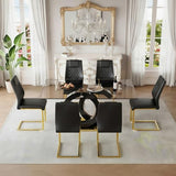 63" Glass Dining Table Set for 6, Modern Dining Table Set for 6, Tempered Glass Tabletop with Black OC-Shaped Legs and Gold Base, Black Gold Kitchen Table Set with 6 Cantilever Upholstered Chairs Iopirbu