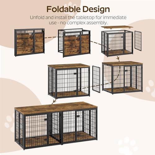 YATINEY Foldable Dog Crate Furniture for 2 Dogs, 63'' Double Dog Kennel Indoor with Removable Divider, Heavy Duty Dog Cage, for Small/Medium/Large Dog, TV Stand, Rustic Brown DC160BR YATINEY