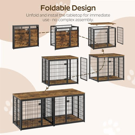 YATINEY Foldable Dog Crate Furniture for 2 Dogs, 63'' Double Dog Kennel Indoor with Removable Divider, Heavy Duty Dog Cage, for Small/Medium/Large Dog, TV Stand, Rustic Brown DC160BR YATINEY
