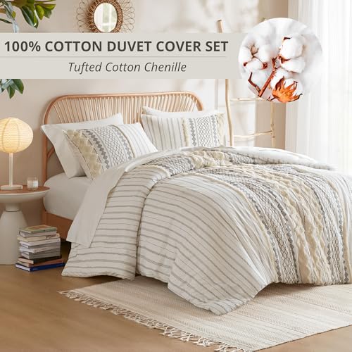 INK+IVY Imani 100% Cotton Duvet Mid Century Modern Design, All Season Comforter Cover Bedding Set, Matching Shams, Full/Queen, Ivory Chenille Tufted Accent 3 Piece INK+IVY