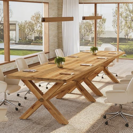TRIBEWOOD 5.25 FT Solid Wood Conference Table for 4-6 People, Rectangle Meeting Seminar Table with Large Tabletop, Reinforced X-Shaped Legs and Crossbeams for Office Conference Room, Natural Wood TRIBEWOOD