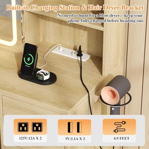 47'' W Large Vanity Desk with Mirror and Lights, 8 Storage Shelves 7 Drawers Vanity Table, Big Makeup Vanity Desk with 3 Lighting Modes, Vanity Dresser with Charging Station, Sliding Mirror (Natural) knoworld