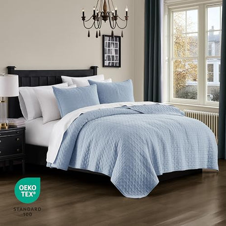 palassio Baby Blue 100% Cotton Quilt King Size Bedding Sets with 2 Pillow Shams, Textured Lightweight Soft Bedspread Shabby Chic Coverlet, Neutral Quilted Comforter Bed Cover for All Season, 3 Pieces palassio