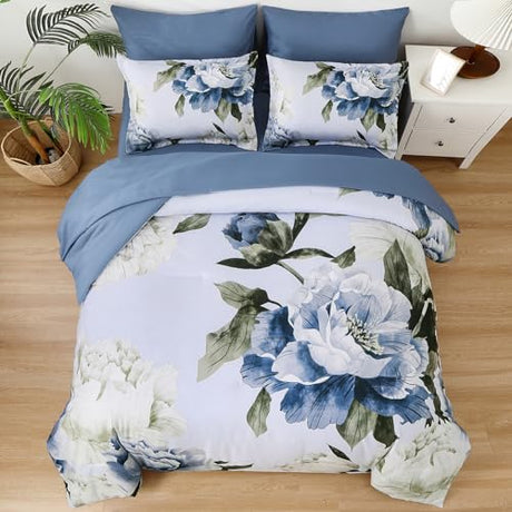 Dobuyly Blue Queen Comforter Set 7 Piece Bed in a Bag Queen, Blue Floral Print on Light Blue Comforter Set with Sheets, Soft Microfiber Complete Bedding Set for All Season Dobuyly