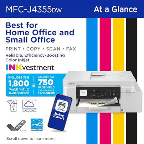 Brother INKvestment 4355 Wireless Color Inkjet All-in-One Printer with 1.8” Color Display and Manual Feed Slot | Includes Refresh Subscription Trial(1) (MFC-J4355DW) Brother