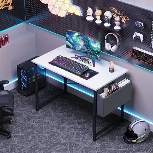 OLIXIS Computer Desk 44 Inch Home Office Desks for Small Spaces, Gaming Writing Study Work Table with Storage Bag for Bedroom, White OLIXIS