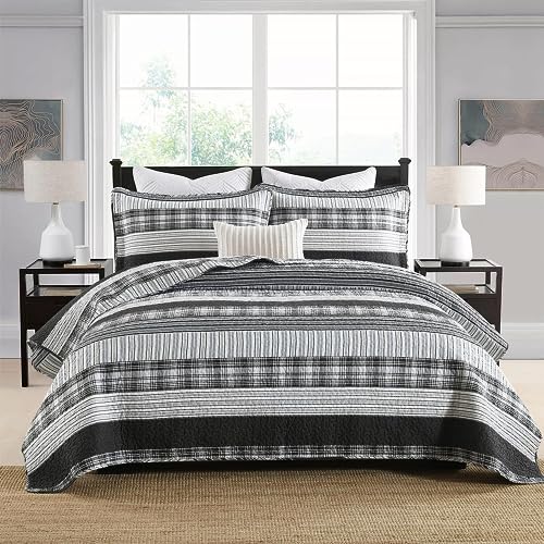 Homzard King Size Comforter - 100% Cotton, Black White Striped King Quilt Bedding Set,Black Grey Plaid Striped Bedding King,Farmhouse Lightweight Comforter for Bed,All Season Homzard