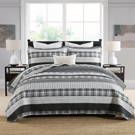 Homzard King Size Comforter - 100% Cotton, Black White Striped King Quilt Bedding Set,Black Grey Plaid Striped Bedding King,Farmhouse Lightweight Comforter for Bed,All Season Homzard