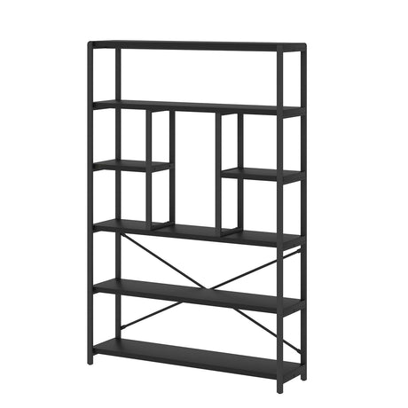 LVB 6 Tier Tall Black Bookshelf, Modern Large Wide Book Rack Storage, Industrial Wood Metal Etagere 6 Shelf Bookcase, Farmhouse Open Display Book Shelf Organizer for Bedroom Living Room Office, Black LVB