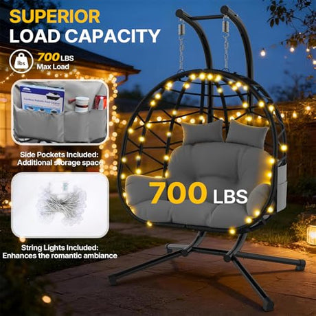 Suteck Double Hanging Egg Chair with Stand, Outdoor Indoor 2 Person Wicker Egg Swing Chair with Cushion, 700lbs Capacity for Patio, Bedroom, Garden - Black Suteck