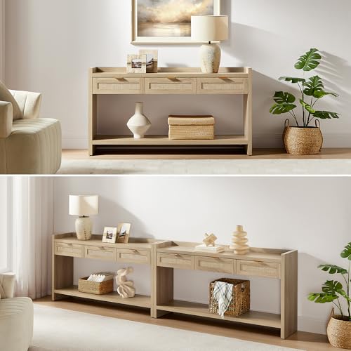 SICOTAS Rattan Console Table for Entryway - Large Boho TV Console Table Entry Table with 3 Storage Drawers, 60" Long Sofa Table Behind Couch for Living Room, Hallway, Foyer SICOTAS