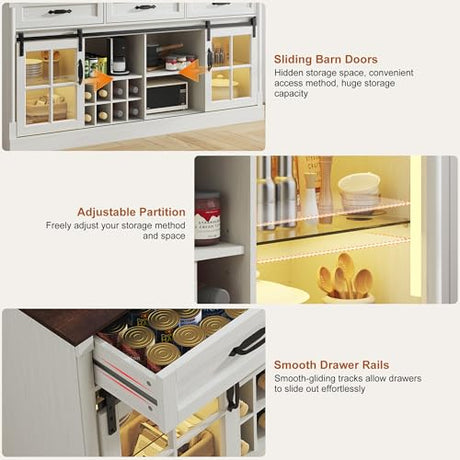 St.Mandyu 66" Sideboard Buffet Cabinet with Drawers, Farmhouse Buffet Table with Storage, Modern Coffee Bar Wine Bar Cabinet with Barn Doors for Kitchen, Dining Room, Living Room, White St.Mandyu