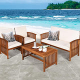 Tangkula Outdoor 4 Pcs Acacia Wood Sofa Set w/Water Resistant Cushions, Padded Patio Seating Chat Set w/Coffee Table for Garden, Backyard, Poolside (1, White) Tangkula
