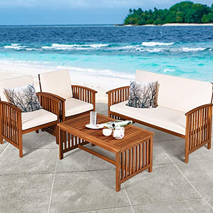 Tangkula Outdoor 4 Pcs Acacia Wood Sofa Set w/Water Resistant Cushions, Padded Patio Seating Chat Set w/Coffee Table for Garden, Backyard, Poolside (1, White) - WoodArtSupply