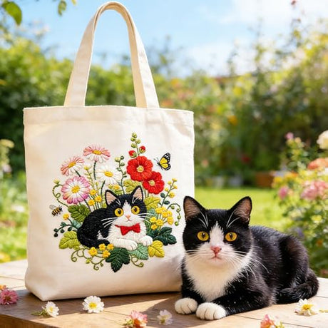 BEUNITONE 6 Set Varieties Cat and Flowers Embroidery Kit for Adults Beginners, Pre-Stamped Pattern Needlepoint Kits with Hoop, Tools, Instruction, Hand Embroidery Kits for Gifts, Fabric and Home Decor BEUNITONE